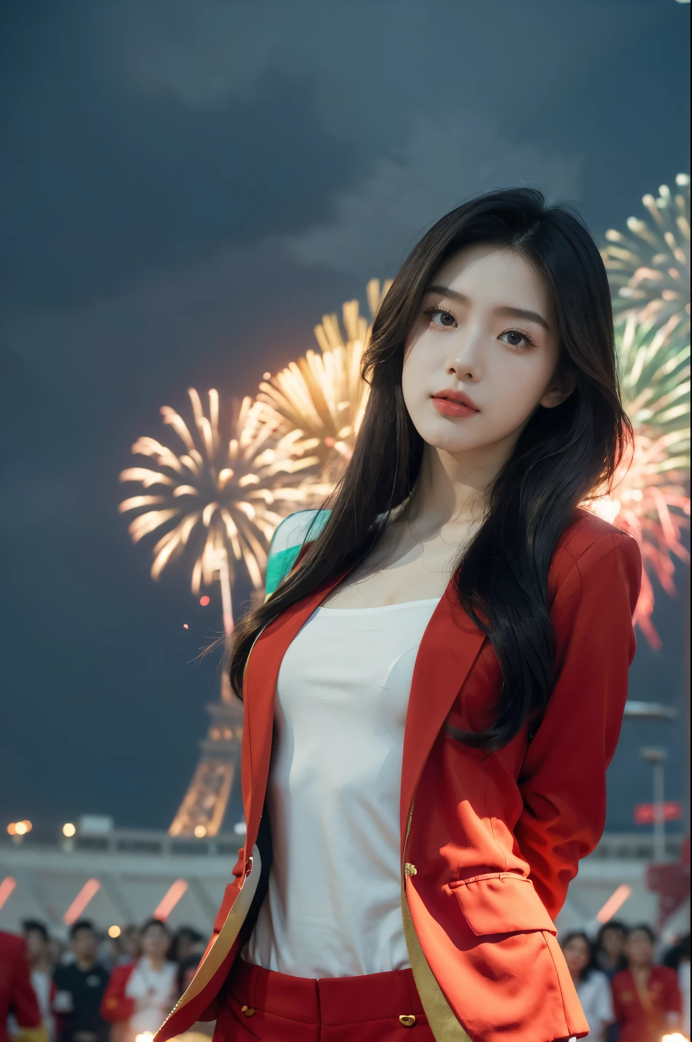 (((best quality))),(((ultra detailed))),(((masterpiece))),illustration, ((Olympic Opening Ceremony,in Paris,summer night,magnificent National stadium of France,Olympic flame, fireworks)),(crowded crowds of enthusiastic spectators:1.3),((a beautiful Chinese girl,solo)),((shoulder length straight hair:1.2)),((slim,thin)),((small breasts,flat chest)),(red blazer:1.5),(yellow dress:1.2),(slender legs:1.2),excited expression, awe, celebrating, electric atmosphere, sense of pride, excitement, playing field, crowd energy, unity, camaraderie, representing China, historic event, memorable moment,((standing,arms behind back)),((from front,upper body))