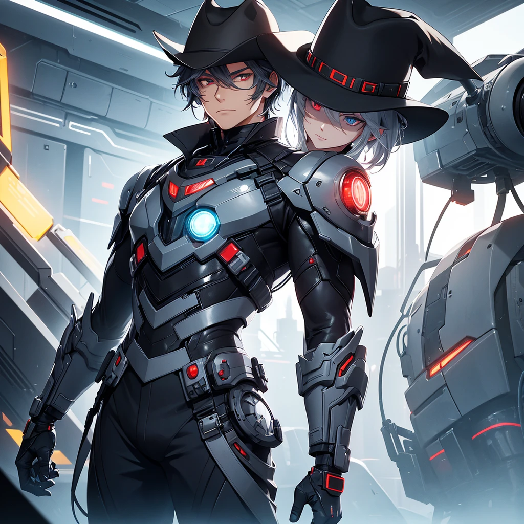 make a futuristic male character who has a cowboy hat, mechanical right arm, Eyes red, must be in a futuristic canary, and dark gray hair. he must be strong, he must have a cover
