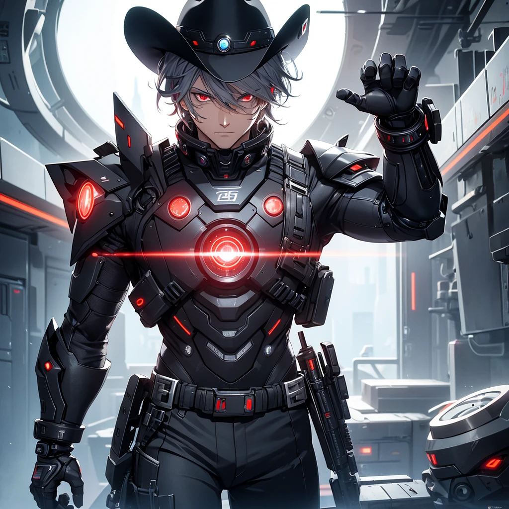 make a futuristic male character who has a cowboy hat, mechanical right arm, Eyes red, must be in a futuristic canary, and dark gray hair. he must be strong, he must have a cover