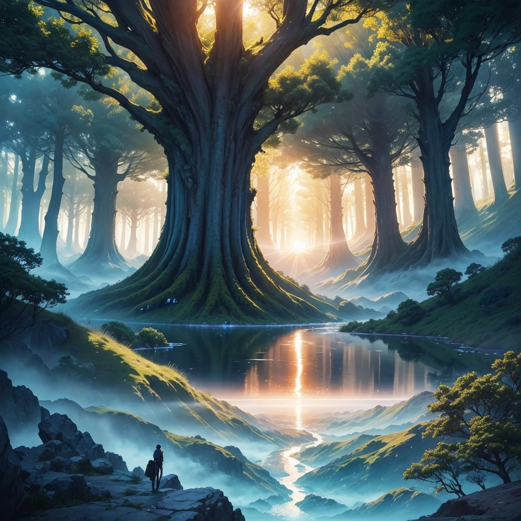 mysteriousな超巨大なトンネルの中に森がある,Giant Tree Forest,There is a huge tree,Different world,new world,universe,There is a road in the middle of the forest,Different world,The sunlight from the sun shines on the earth,Colorful,Best Quality,8k,mysteriouultidimensional,High Dimension,Fantasy,Different space,There are many different creatures,Nature,romantic,A world beyond imagination,Dream world,universe,Huge river,masterpiece,最高masterpiece,perfection,