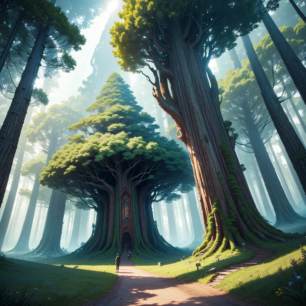 mysteriousな超巨大なトンネルの中に森がある,Giant Tree Forest,There is a huge tree,Different world,new world,universe,There is a road in the middle of the forest,Different world,The sunlight from the sun shines on the earth,Colorful,Best Quality,8k,mysteriouultidimensional,High Dimension,Fantasy,Different space,There are many different creatures,Nature,romantic,A world beyond imagination,Dream world,universe,Huge river,masterpiece,最高masterpiece,perfection,