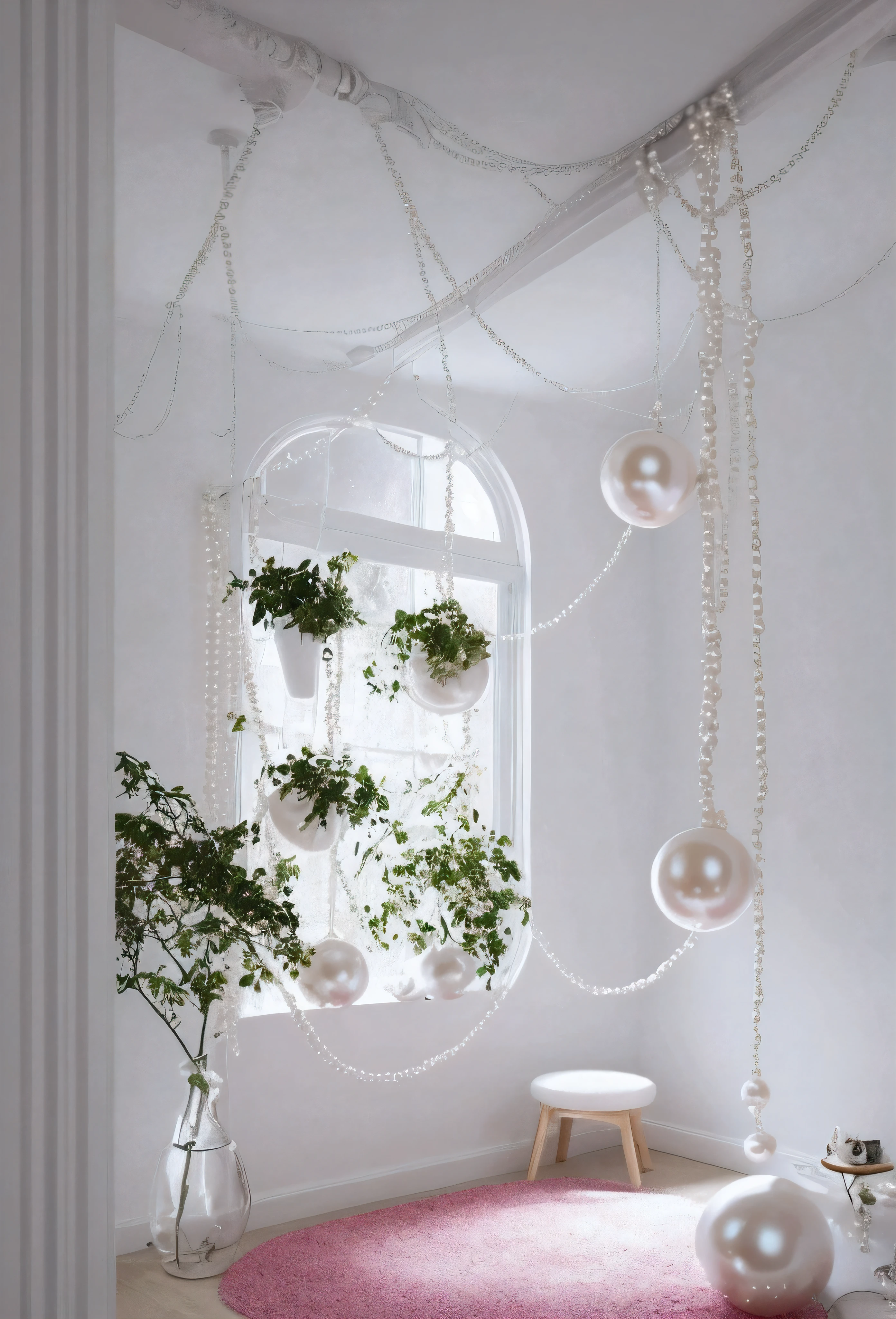 In the white room，There are many pearls of different sizes suspended in the room.