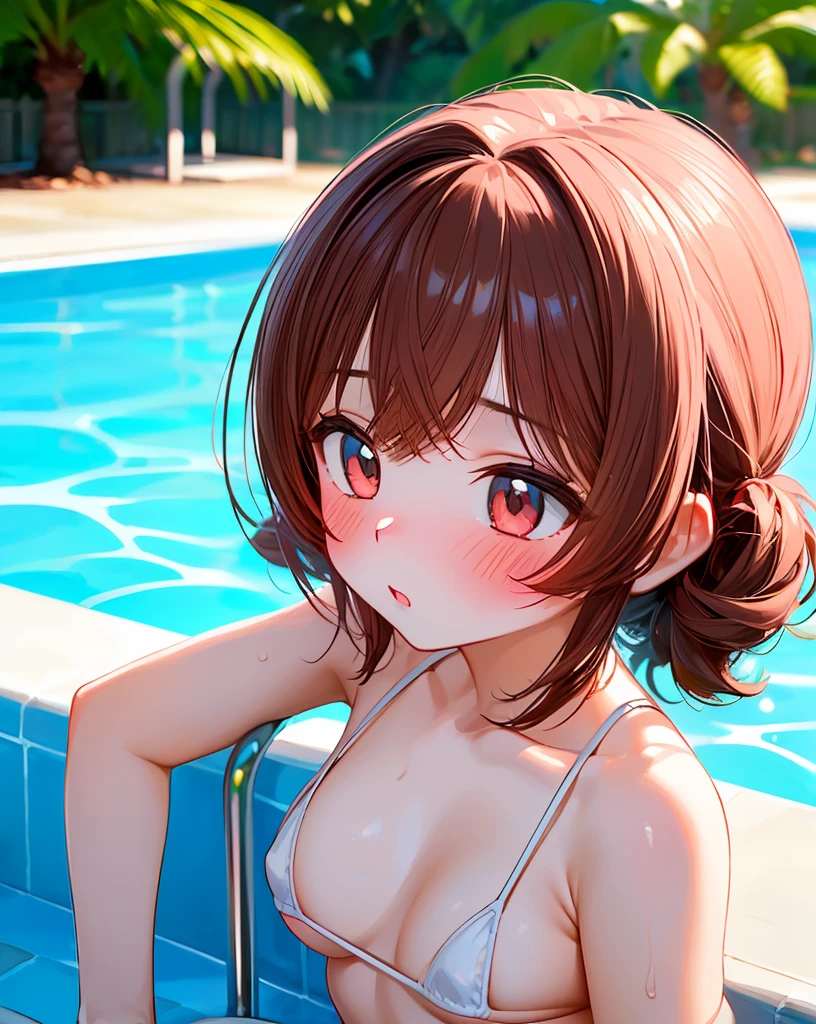 pillow,Outdoor,((Pool,White Micro Bikini,just))(Highest quality), (masterpiece), (High resolution), original, Very detailed8K壁紙,((Very detailed)), Very detailed,(1 girl, alone:1.2), (blush:1.2),,,((High resolution)),(Small breasts:1.10),(Highest quality:1.2)Small breasts,Upper body close-up