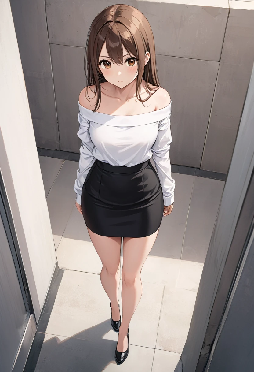 White miniskirt , black shoes , black off shoulder , pencil skirt , whole body , thighs , brown hair , brown eyes , straight hair , long sleeves , bare legs , View from above , standing posture