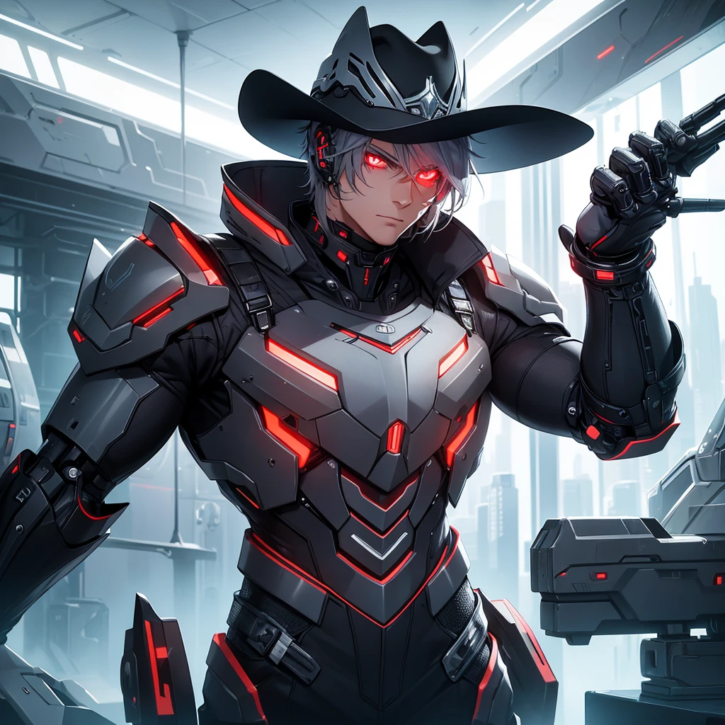 make a futuristic male character who has a cowboy hat, mechanical right arm, Eyes red, must be in a futuristic canary, and dark gray hair. he must be strong, he must have a cover