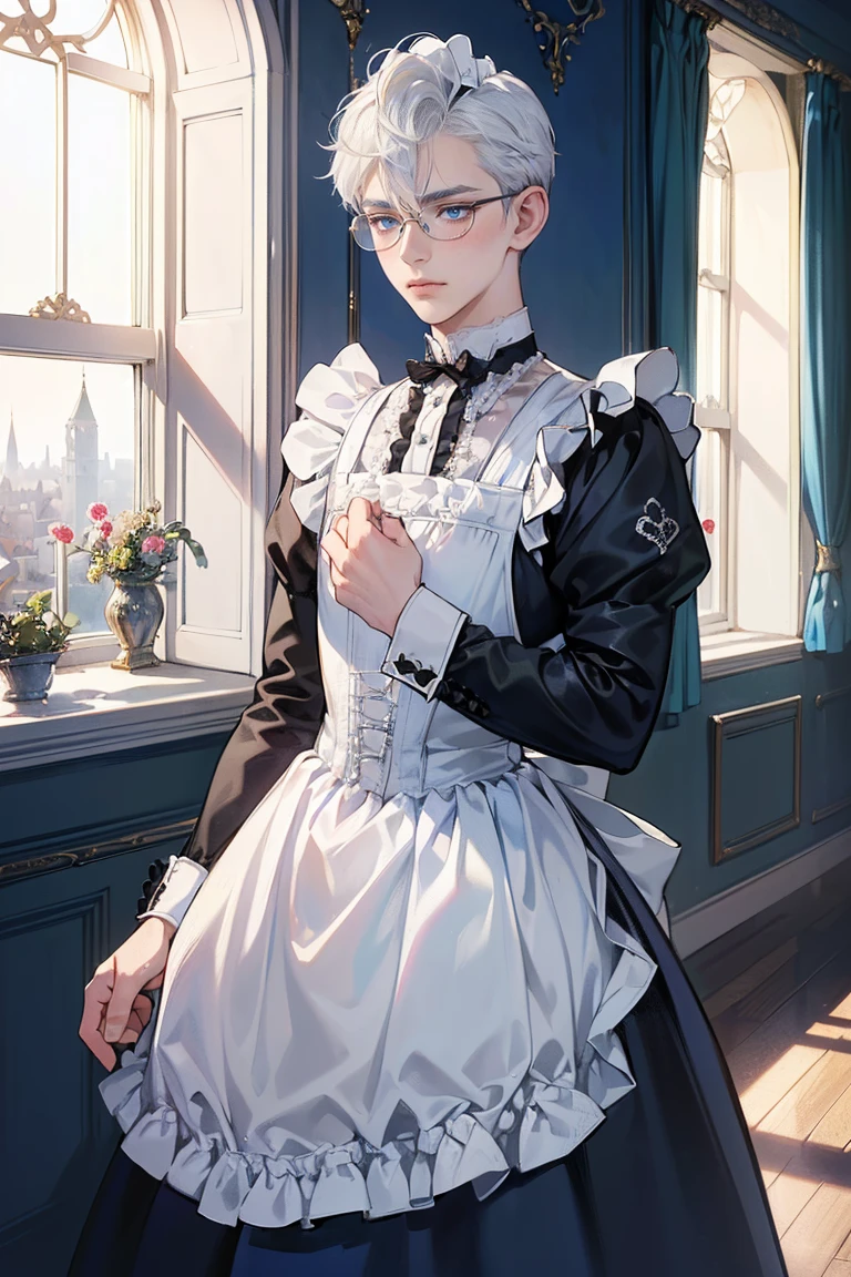 (absurdres, highres, ultra detailed)((16 year old male with short white hair, blue eyes, wearing eyeglasses, wearing a maid outfit), crossdressing, blushing male, (background: warm lighting from windows, victorian mansion)