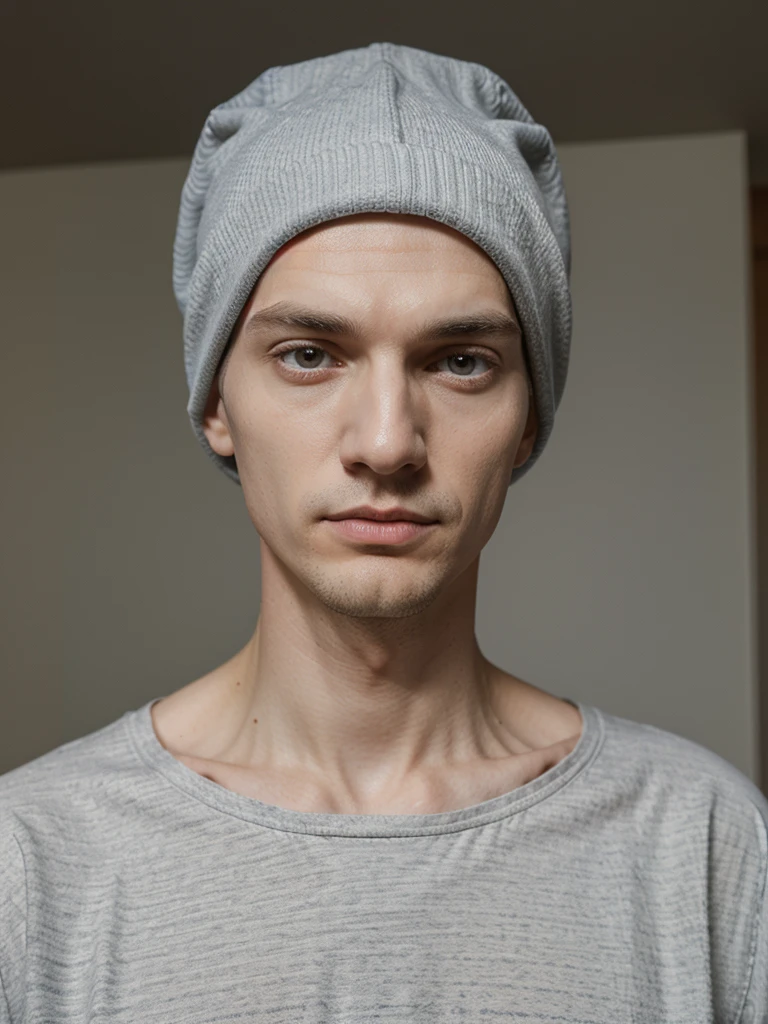 A very tall thin pale man in pajamas and a striped hat with wide eyes
