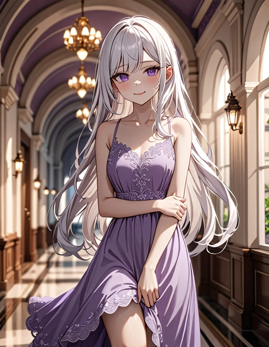 1 girl, short, slim, cute, purple eyes, very long hair, white hair, hair reaching ankles, sleep light purple dress, hallway, blurry background, smirking, crossing arms, 8k, masterpiece, dim lighting, best quality, very aesthetic, absurdres, newest, intricate details, intricate, (SuperQuality:1.0) ~ (SuperQuality:1.2), (negative_v2 Color_Balance_Calibration:0.8)