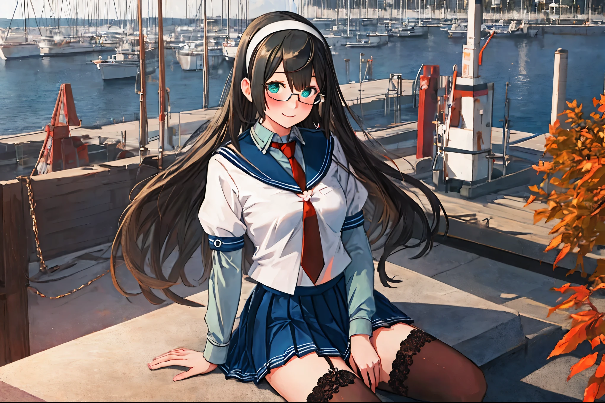 best quality, masterpiece, highres, solo, {ooyodo_kantaicollection:1.15}, black_hair, long_hair, glasses, hairband, semi-rimless_eyewear, under-rim_eyewear, blue_eyes, green_eyes, blush,small_breasts, 1girl, school_uniform, serafuku, pleats_skirt, looking_at_viewer, necktie, harbor_town_landscape_background, red_necktie,light_smile,thigh-highs,sitting,half_eyes,solo