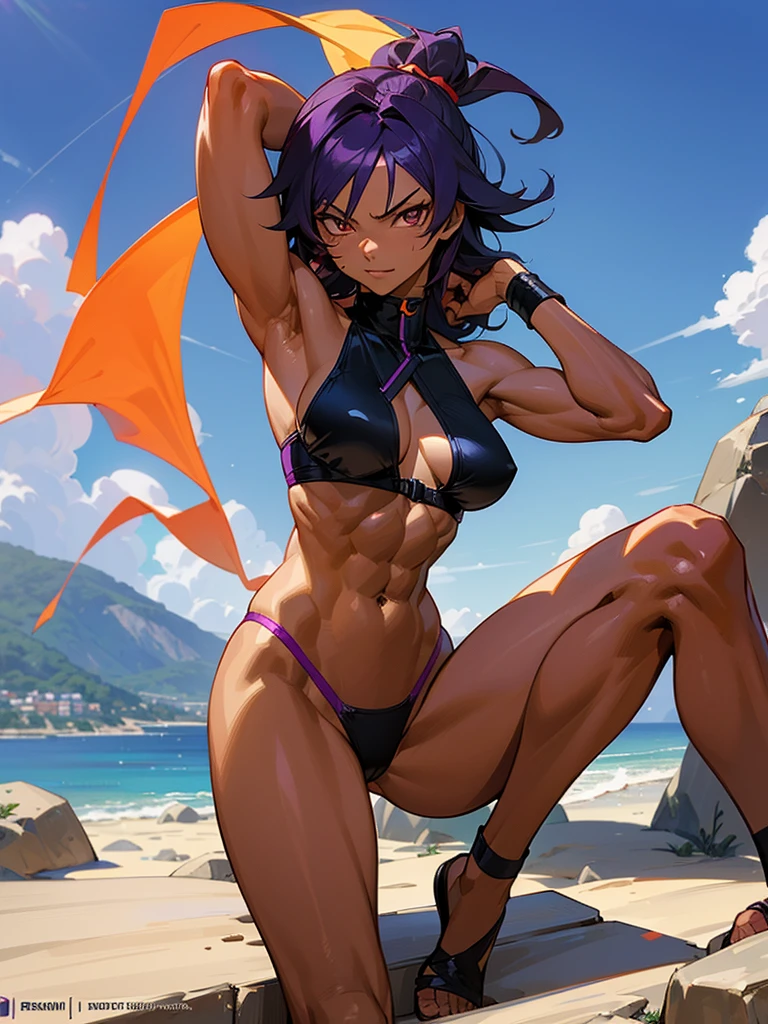 18 year old Yoruichi Shihōin from Bleach with tanned skin in a purple thong bikini flexing her muscles with her hands behind her head so they are not visible to pridefully show off her rock hard abs and sitting on on a mountain ledge, highly detailed