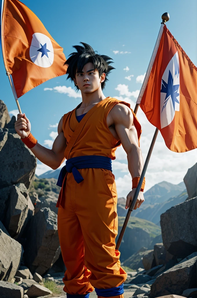 Create an anime picture of son goku holding a flag in his hand 