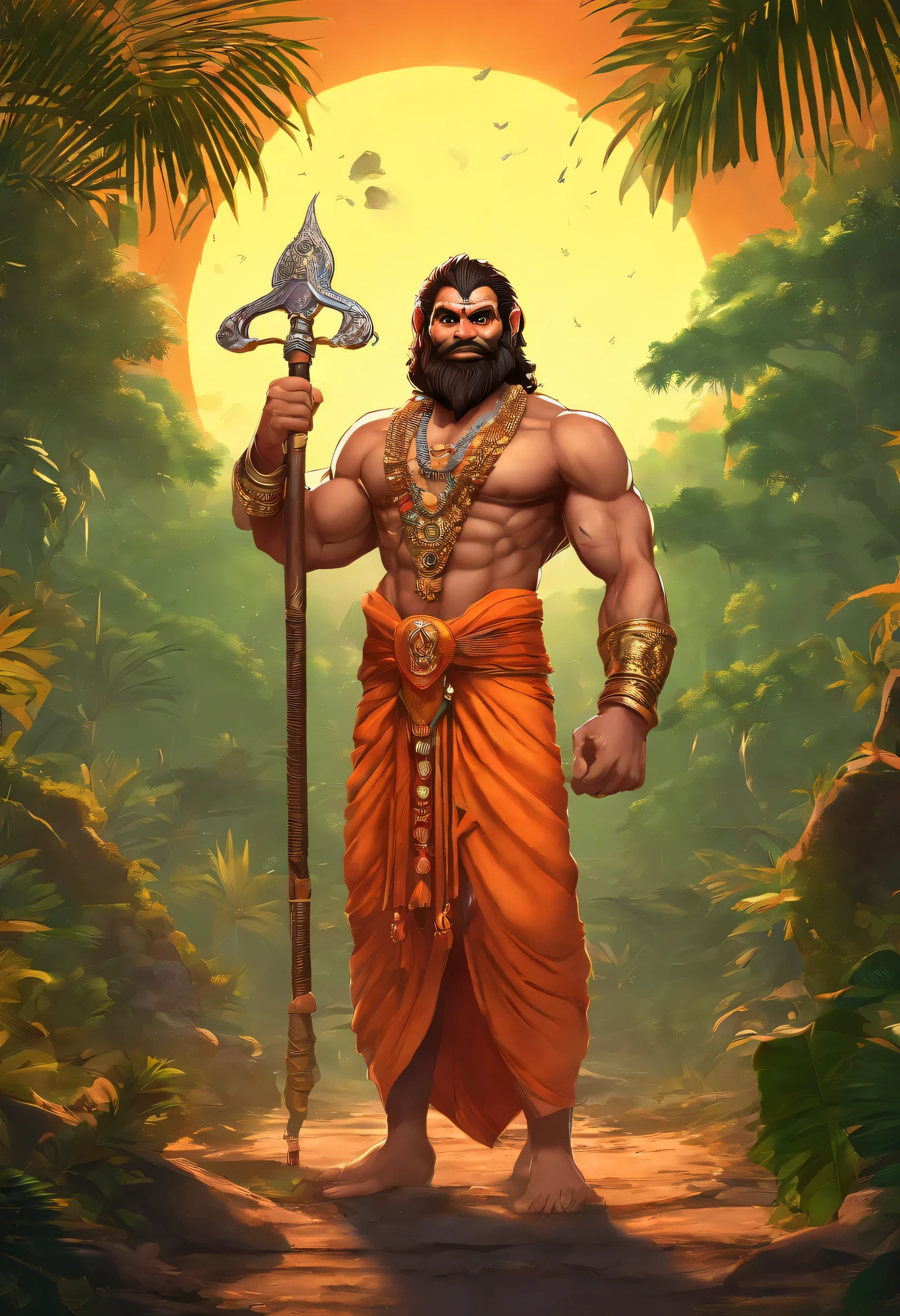 LORD HANUMAN ,a 35 years old man who has a face of a monkey, has a long tail as a monkey, proper super detailed eyes, proper super detailed hands, proper super detailed legs, An Indian god, Lord Hanuman, face of a monkey , moderate stature, has a big tail, Fire on the background, strongly built, broad-chested, narrow-waisted, and long-armed, big gada in his hand, in a dark forest (Professional 3D rendering:1.3) by (Realistic:1.3) World's most beautiful art picture, Features soft, dark complexation male heroes , hindu god, indian god, ((Epic hindu god , lord Hanuman, fantasy rough muscular man wet hero angry look long hair long slightly white beard and fierce expression in dynamic pose, wearing a orange robe, inside a jungle, burning lights in the background, majestic environment)), full body 8k unit render, action shot, skin pores, very dark lighting, heavy shading, detailed, Detailed face, (vibrant, photorealistic, Realistic , Dramatic, Dark, sharp focus, 8k), (orange cloths with heavy jewelry r:1.4), (intricate:1.4), decayed, (highly detailed:1.4), painting digital, rendering by octane, art stations, Concept-Art, smooth, sharp focus, illustration, germ of art, (Loish:0.23), Wlop Ilya Kuvshinov, and Greg Rutkowski and Alphonse Mucha Gracias, (global illumination, studiolight, Light Volumetric ), heavy rain, floating particles, scoundrel, fantasy, Eleven, full bodyesbian, ((Dark jungle background:1.3)),CGSesociedade,art stations
