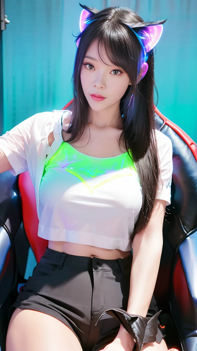 A beautiful girl with long black hair sitting in a gaming chair in a hotel room, playing video games under the glow of neon lights, wearing a sheer white shirt that glows under black light, with a voluptuous figure and satin hot pants, detailed facial features, detailed eyes and lips, (((glowing cat ears, ultraviolet lights causing the shirt to glow))), highly detailed, 8k, photorealistic, cinematic lighting, vibrant colors, dramatic sci-fi interior