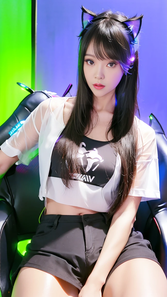 A beautiful girl with long black hair sitting in a gaming chair in a hotel room, playing video games under the glow of neon lights, wearing a sheer white shirt that glows under black light, with a voluptuous figure and satin hot pants, detailed facial features, detailed eyes and lips, (((glowing cat ears, ultraviolet lights causing the shirt to glow))), highly detailed, 8k, photorealistic, cinematic lighting, vibrant colors, dramatic sci-fi interior