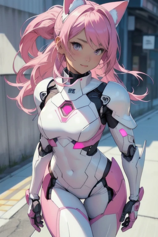 (Special quality:1.2), (Very detailed:1.2), (Very detailed face:1.2), (Very detailed eyes:1.2), (Very detailed body:1.2), (Very detailed weapons:1.2), cute innocent face，delicate face，detailed face, Japanese, the face of a very cute 18 year old girl, human torso, big man , human abdominal cavity, robot hips, Hips wearing robot armor, Robot Arm, My legs are tricky., แขนขามีเปลือกแข็งสีขาวมันวาวและมีpink jointอ่อน, Very beautiful and feminine, long hair pink hair, , small breasts, show of division, Showing a white shiny rubber armored abdomen., cyber cat ears, pink robot joints, pink joint, Very stylish., Award-winning product design, White rubber tights, A shiny white metal breastplate opened at the cleavage., The white metal bottom is wrinkled., And the armor looks stylish., Illuminated trims, full body, Fly at a medium speed