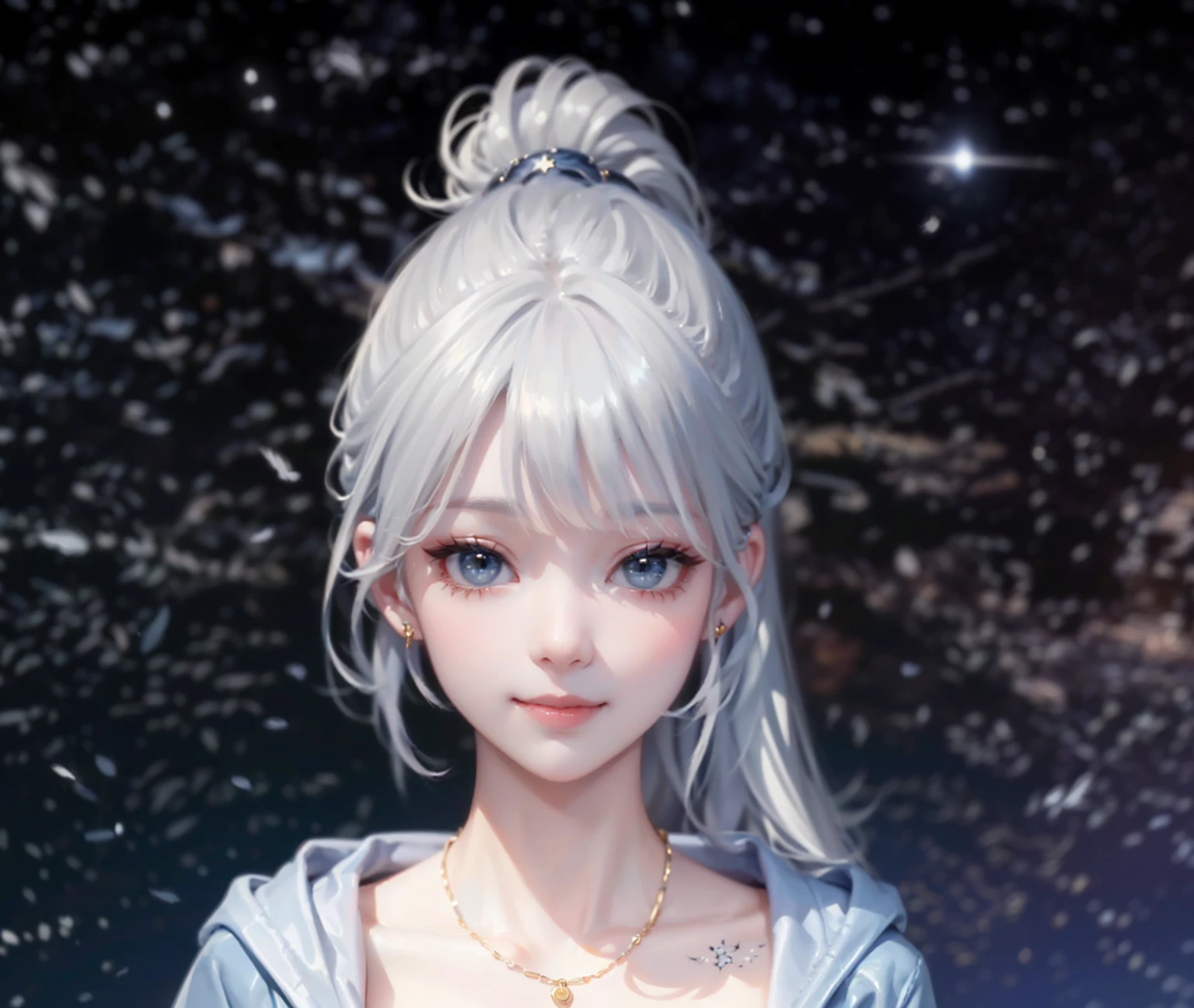 (((Correct anatomy)))，((Highest quality，masterpiece，一位Mature棕眼美女，Super thin air parted bangs，Light blue denim gray hooded jacket，Blue gray high ponytail super long straight hair，Double sideburn curly hair，Hair ends curled in，Exposed clavicle，Show all ears))，((Mature，Smile slightly，Look at the camera head-on))，((starry sky galaxy background))，Matte denim texture，Round simple earrings，xJ English letter feather tattoo，Gold thin round necklace，(((Full sharp details)))