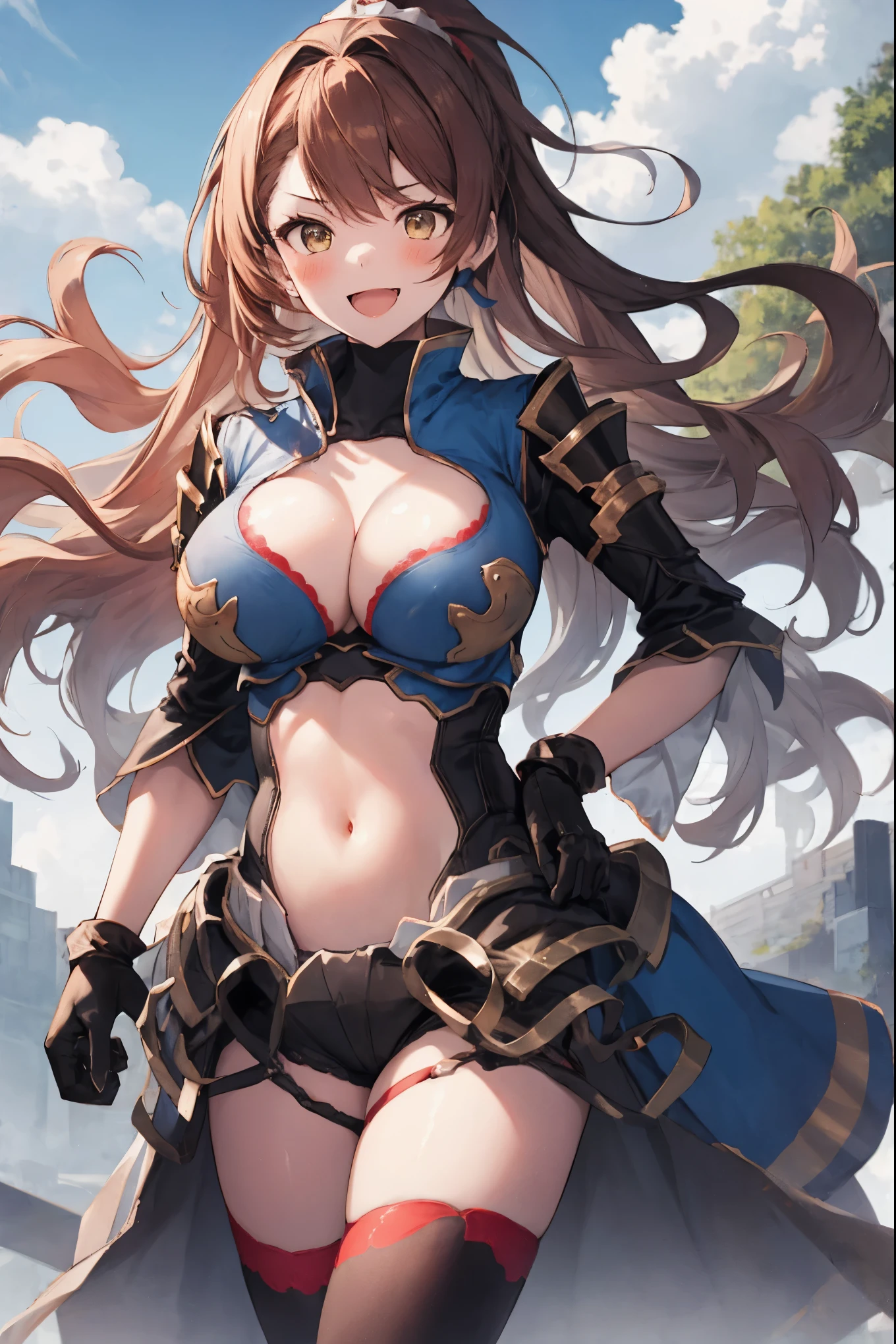 masterpiece, best quality, 1teen_girl,def,beatrix, ponytail, hair ribbon, gauntlets, blue shirt, gloves, cleavage cutout, looking at viewer, big_smile, large breasts, sky ,,happy,covered_nipples,young_,full_of_beans,,laugh,blush,open_mouth,thigh-highs, glower,open_legs,rise_knee,(angry:0.8)
