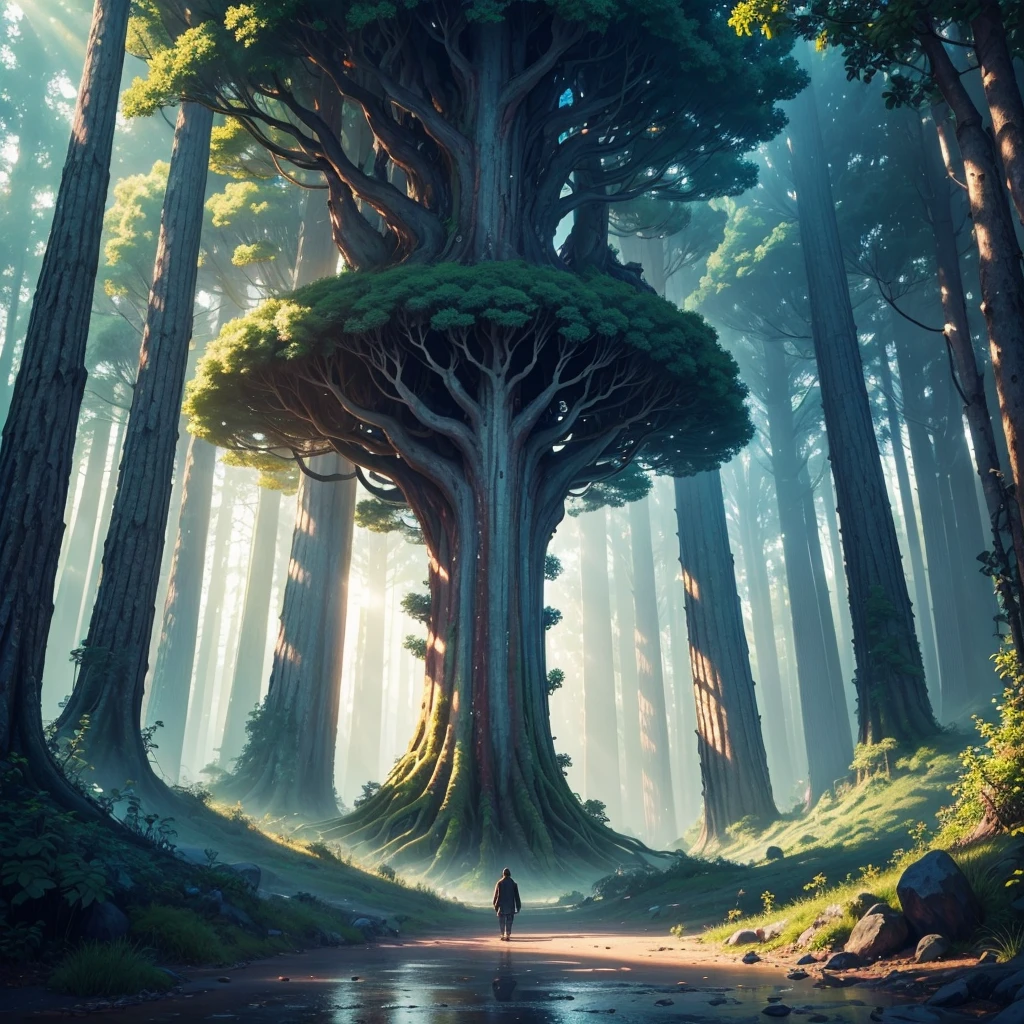 mysteriousな超巨大なトンネルの中に森がある，Giant Tree Forest，There is a huge tree，Different world，new world，universe，There is a road in the middle of the forest，Different world，The sunlight from the sun shines on the earth，Colorful，Best Quality，8k，mysteriouultidimensional，High Dimension，Fantasy，Different space，There are many different creatures，Nature，romantic，A world beyond imagination，Dream world，universe，Huge river，masterpiece，最高masterpiece，perfection，