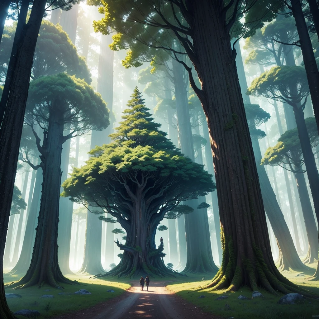 mysteriousな超巨大なトンネルの中に森がある,Giant Tree Forest,There is a huge tree,Different world,new world,universe,There is a road in the middle of the forest,Different world,The sunlight from the sun shines on the earth,Colorful,Best Quality,8k,mysteriouultidimensional,High Dimension,Fantasy,Different space,There are many different creatures,Nature,romantic,A world beyond imagination,Dream world,universe,Huge river,masterpiece,最高masterpiece,perfection,