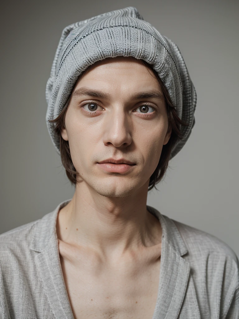 A very tall thin pale man in pajamas and a striped hat with wide eyes