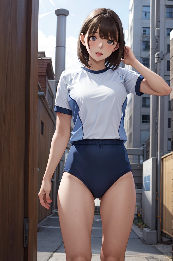 masterpiece, best quality, highres, aanene, short hair, buruma,gym uniform, standing, cowboy shot, outdoors, ahegao,nsfw,