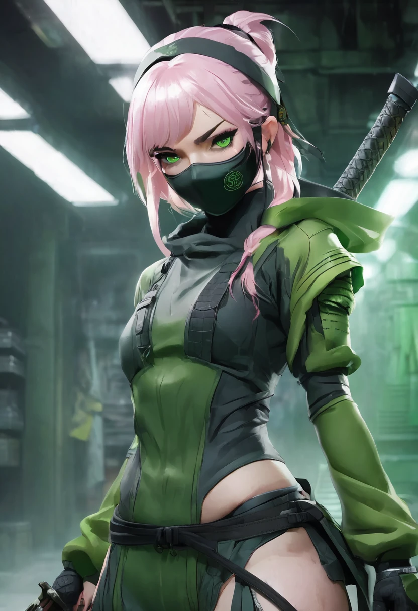 1 woman, inside a hand weapons room, wearing moss green ninja clothing, detailed facial features, female green eyes, detailed white skin, light pink hair, image showing full body, fully enclosed outfit, dramatic lighting, cinematic composition, palette cold, dark colors, atmospheric fog, strong body, thin chin, beautiful (best quality, 4K, 8K, high resolution, art: 1.2), ultra-detailed, (realistic, photorealistic, photorealistic: 1, 37)