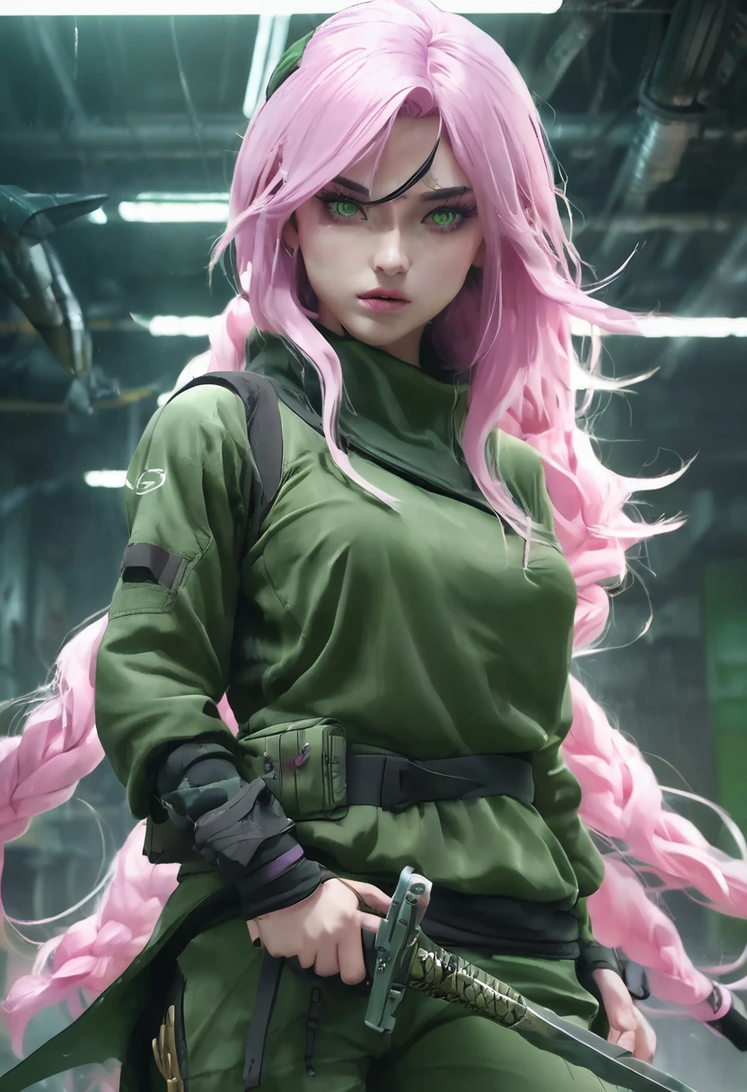 1 woman, inside a hand weapons room, wearing moss green ninja clothing, detailed facial features, female green eyes, detailed white skin, light pink hair, image showing full body, fully enclosed outfit, dramatic lighting, cinematic composition, palette cold, dark colors, atmospheric fog, strong body, thin chin, beautiful (best quality, 4K, 8K, high resolution, art: 1.2), ultra-detailed, (realistic, photorealistic, photorealistic: 1, 37)