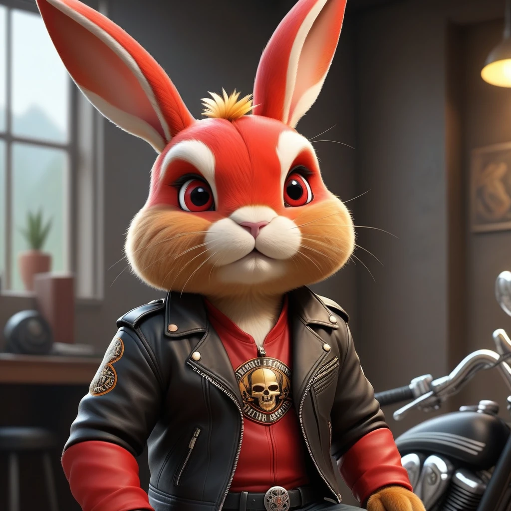 cartoon of (a tough rebellious red golden bunny dressed as a biker gang, leather jacket, Mohican:2.5), looking ahead at viewer, Symmetrical, chromatic fantasy, highy detailed, 8k, digitalpainting, oil painting, illustration, conceptual artwork, sharp focus, volumetric lighting, epic composition, CG Society, golden art station