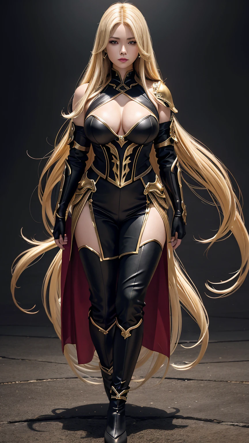 ((Full body photo, standing, on the ground)) ((8k,High image quality High image quality、masterpiece:1.4))、1 person、、long blonde hair、gradient hair、Super Beautiful Demon Hunter、beautiful expression、red lips,beautiful eyeodels with large breasts、perfect face shape、Black and red sexy chest armor、Glossy black and red trousers and legers,With a large kissel,golden decoration,realistic proportions、dynamic pose、advanced details、complex、complexディテール、realistic eyes、realistic eyesのプロポーション、sharp focus、32k、realistic lighting、extreme details、realistic student、realistic proportion eyes、realistic proportions students、realistic shadow、Evafee,