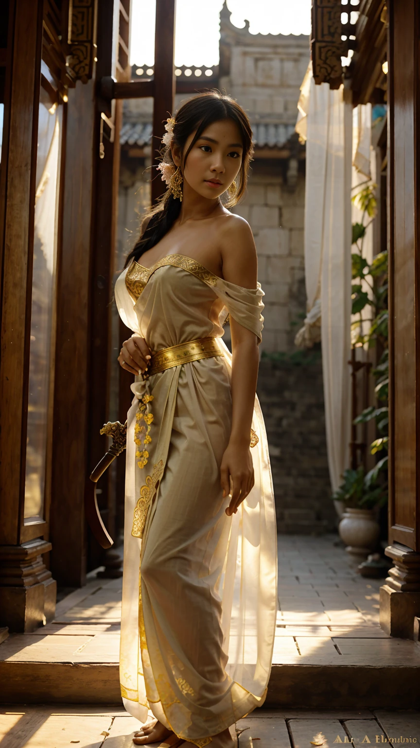 A Burmese ancient girl in traditional attire, draped in elegant, intricately woven fabrics, carrying a long sword over her shoulder; the scene is set against the backdrop of an ancient temple, with delicate architectural details, blooming lotus flowers, and soft golden lighting highlighting the historic ambiance. Art by Alphonse Mucha combined with East Asian watercolor aesthetics.