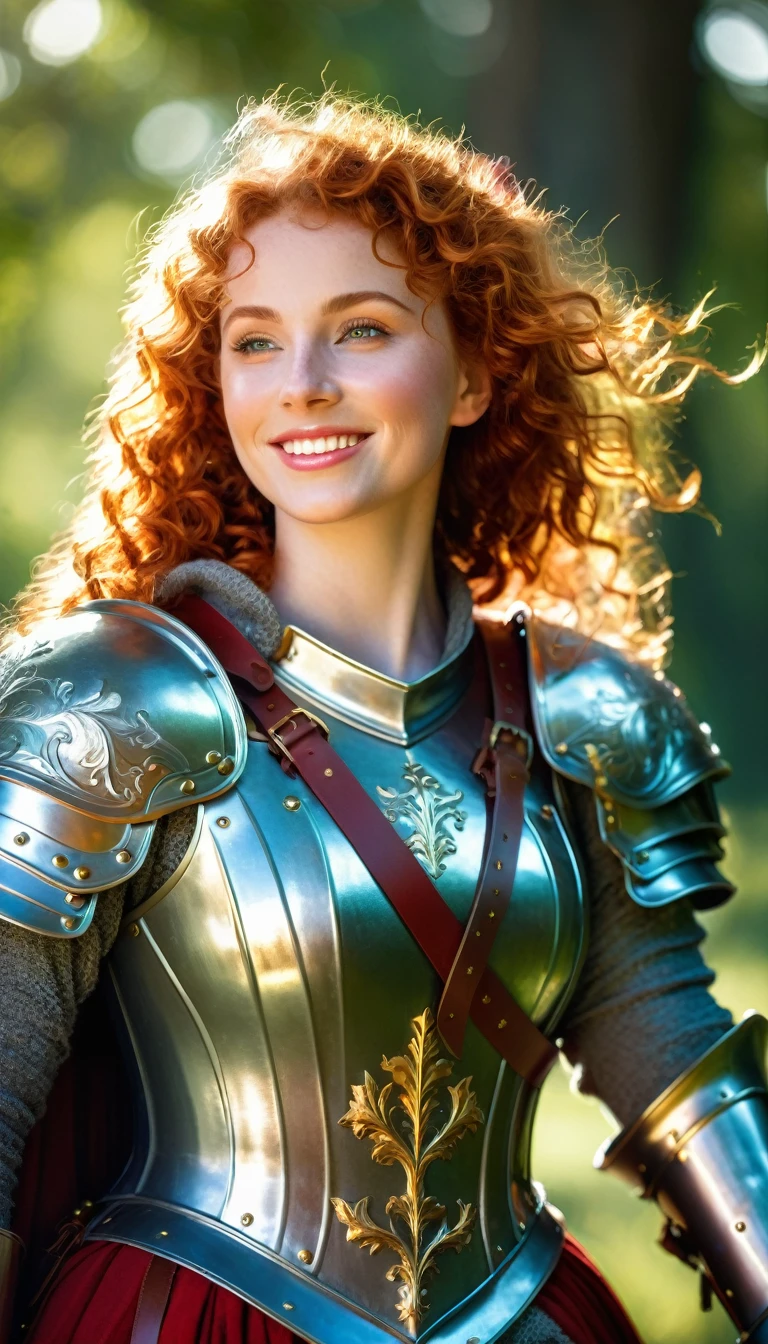 A brave medieval princess, beautiful in her red curly hair, rounded face, Toned body, tanned skin, toned fit armor, beautiful smile, beautiful big eyes, flushed cheeks, redhead, hair in the wind, amid oak trees, shiny breastplate, holds a long shining sword towards the sky, sparkling light, detailed gold and silver scratches on his armor, green leaves of trees, strong lighting, HDR, 4K, high contrast colors