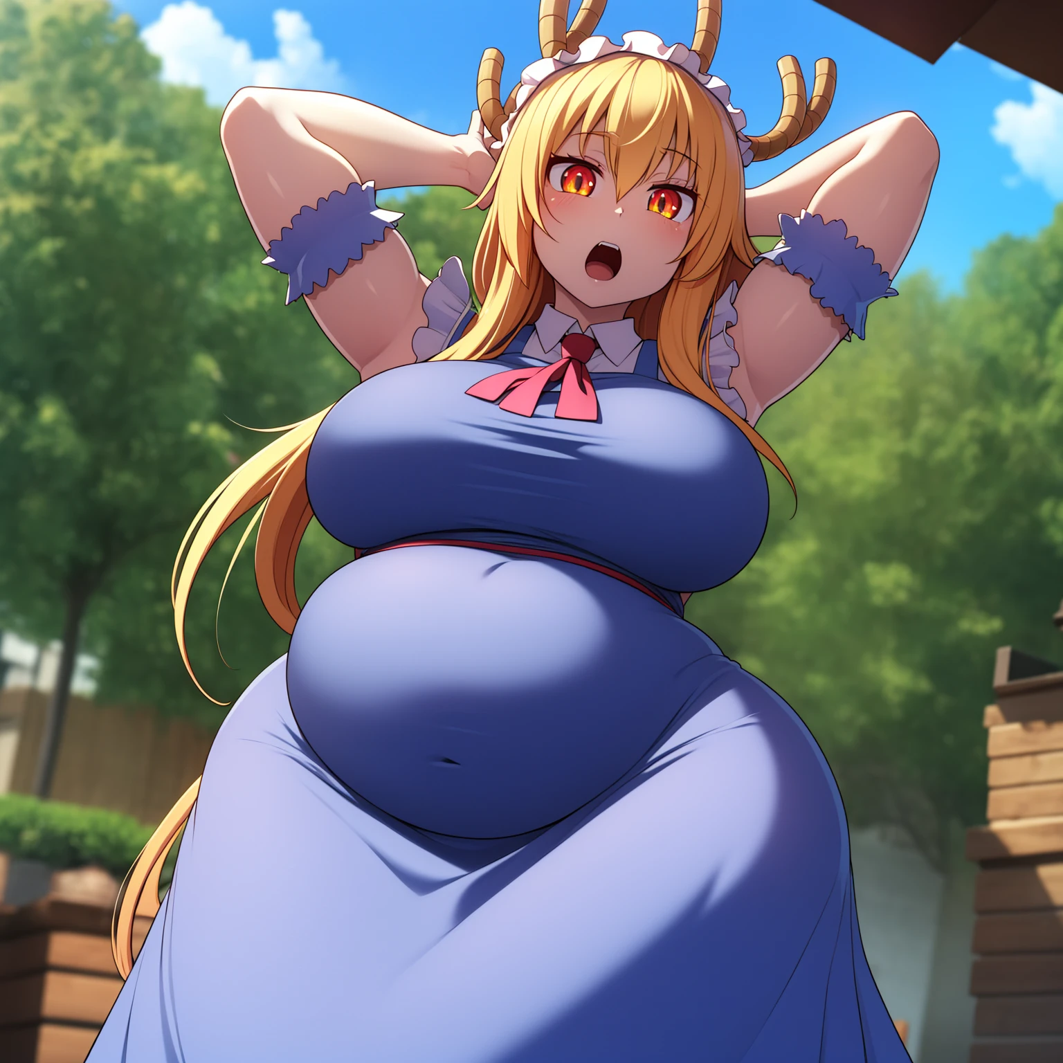 (best quality:1.2), 1girl, (masterpiece:1.2), raytracing, ultra detailed,detailed face, 8k wallpaper, wide hips, TohruDragonMaid_NDV, 1girl, blonde hair, large breasts, long hair, horns, green tail, wings, multicolored hair, maid suit, maid dress, maid hat, slit pupils, orange eyes, outdoor, ((big belly)), shocked, open mouth, (hands behind head:1.4), (solo:1.5)