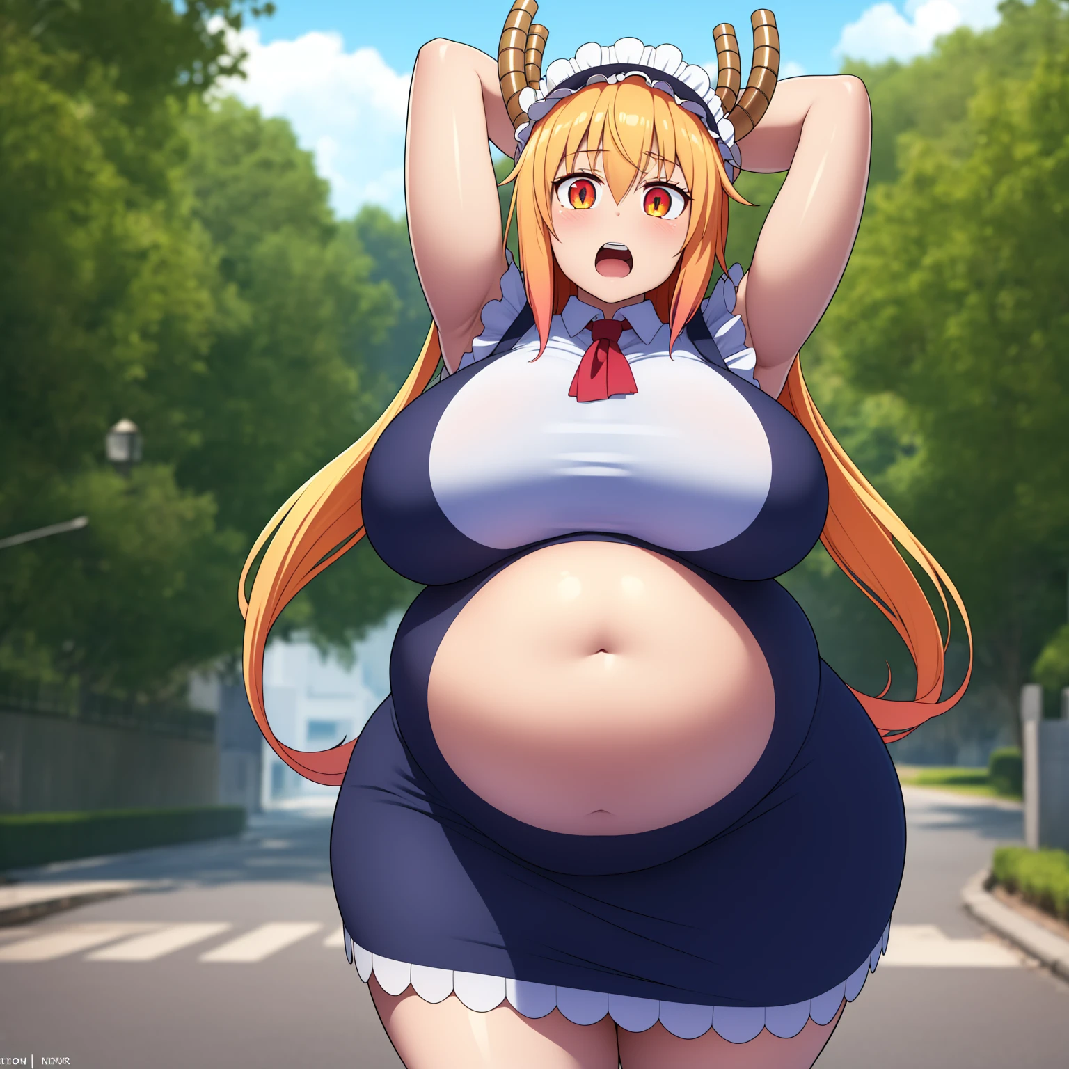 (best quality:1.2), 1girl, (masterpiece:1.2), raytracing, ultra detailed,detailed face, 8k wallpaper, wide hips, TohruDragonMaid_NDV, 1girl, blonde hair, large breasts, long hair, horns, green tail, wings, multicolored hair, maid suit, maid dress, maid hat, slit pupils, orange eyes, outdoor, ((big belly)), shocked, open mouth, (hands behind head:1.4), (solo:1.5)