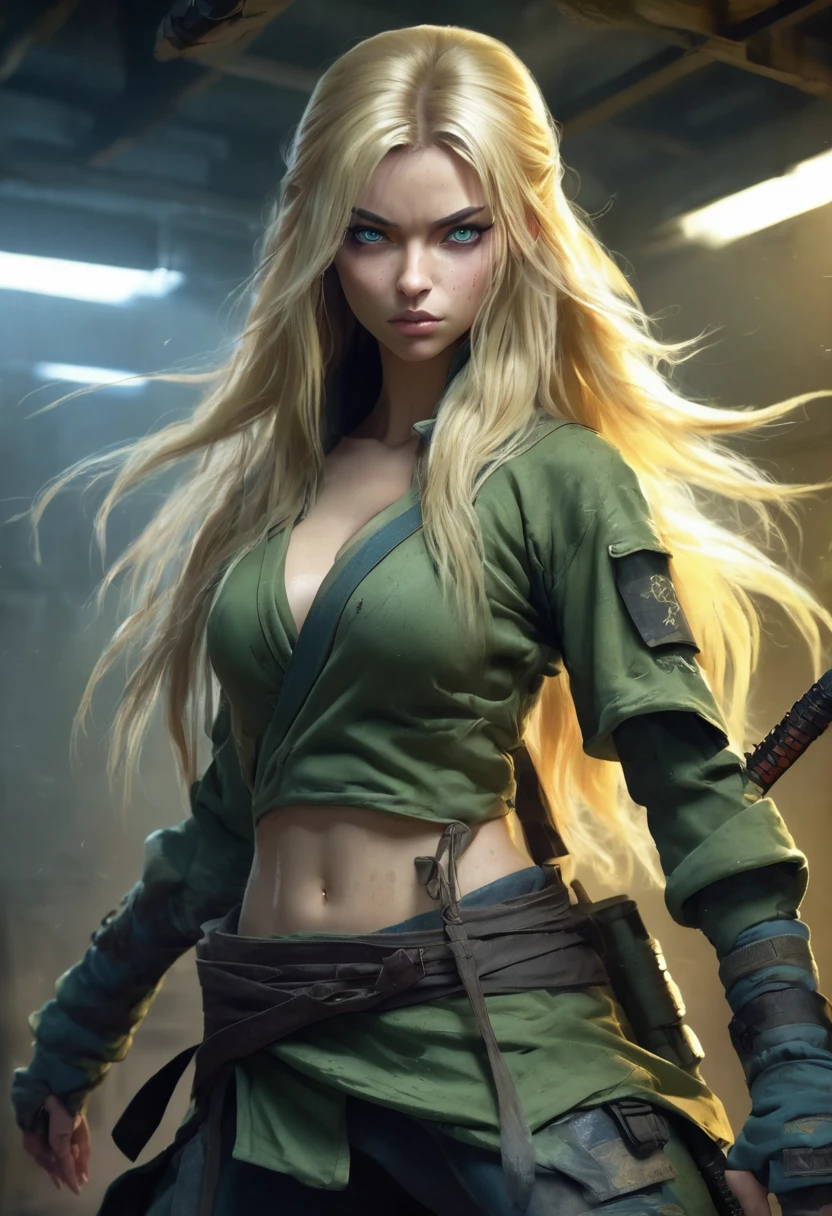1 woman, inside a manual weapons room, wearing moss green ninja clothing, detailed facial features, feminine blue eyes, detailed light skin, very long blonde hair, large breasts, image showing full body, dramatic lighting, cinematic composition, palette cold, dark colors, atmospheric fog, strong body, thin chin, (best quality, 4K, 8K, high resolution, art: 1.2), ultra-detailed, (realistic, photorealistic, photorealistic: 1, 37)