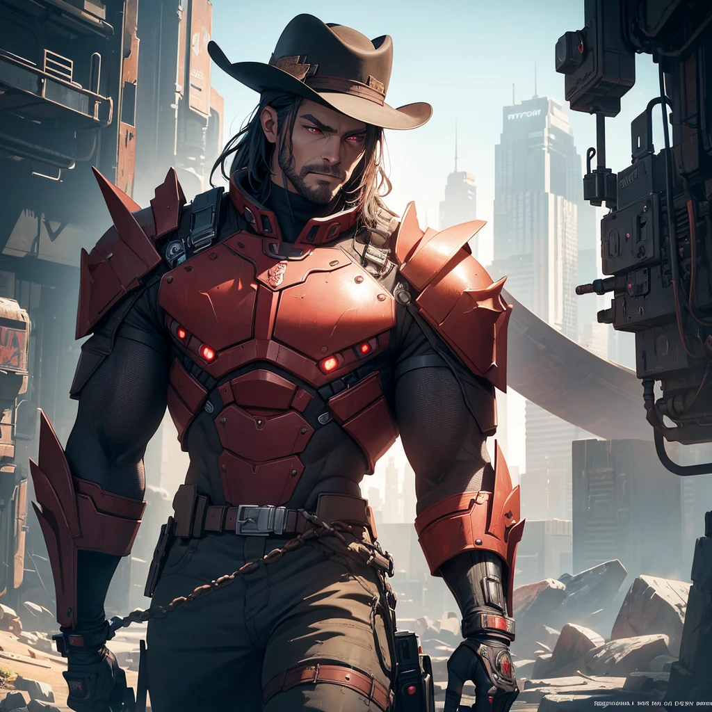 a muscular cowboy man with red eyes, wearing a cowboy hat and old west clothing, with a mechanical right arm, in a futuristic setting, (best quality,4k,8k,highres,masterpiece:1.2),ultra-detailed,(realistic,photorealistic,photo-realistic:1.37),cyberpunk,cinematic lighting,dramatic pose,detailed facial features,detailed clothing,highly detailed mechanical arm,ultra detailed futuristic background,dramatic lighting,vibrant colors,dynamic composition