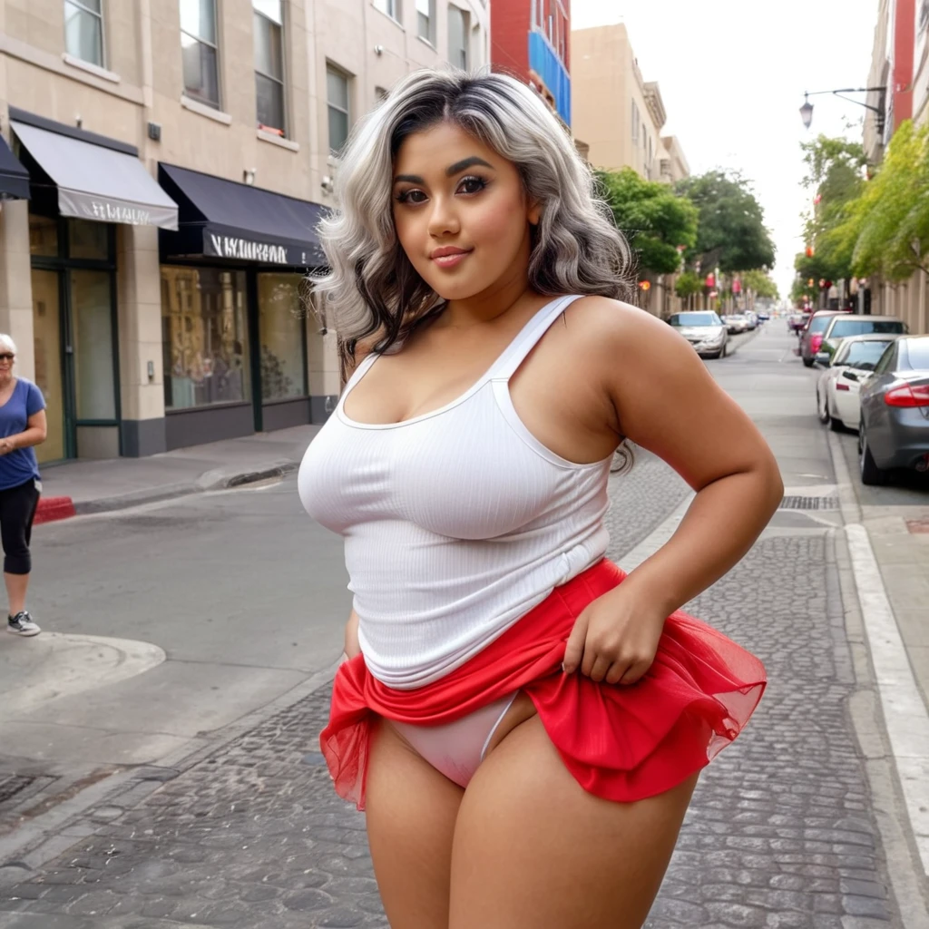 Beautiful 20 year old exotic Arabian-mixed race sexy woman with chubby but beautiful body. Bubble butt and realistic . She has vibrant silver white dyed hair, beautifully long and weavy, has deep light brown colored eyes, and wears make up. She is dressed with a sexy red skirt and a fitness tank top. Standing in a street corner, with a sexy pose. Looking at the camera, realistic photo