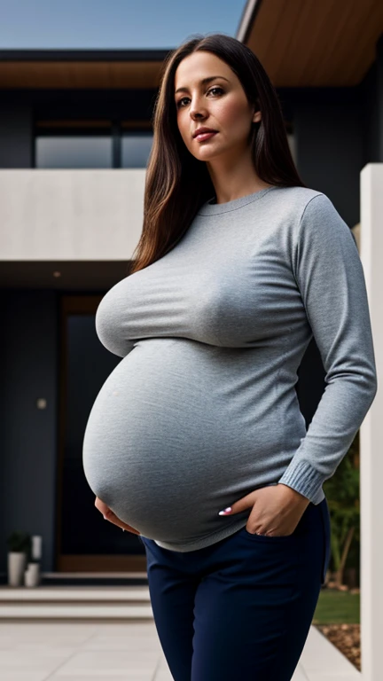 Ultra realistic image of a curvy 35 year old lady, has long straight hair, is wearing flared pants and a low-cut sweater, gigantic huge pregnant breasts, standing outside a modern minimalist house. Ultra realistic image with excellent, ultra HD, high quality, hyper realistic, professional photography, excellent depth effect, excellent shadow effect, perfect perspective. 