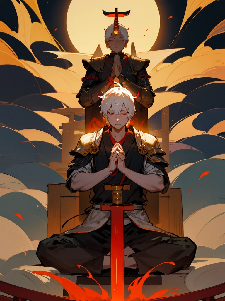 Buddha,Burning Eyes, horn, white short hair, black armor, torii, man, full moon, hands together in prayer, Zen meditation golden Japanese sword 