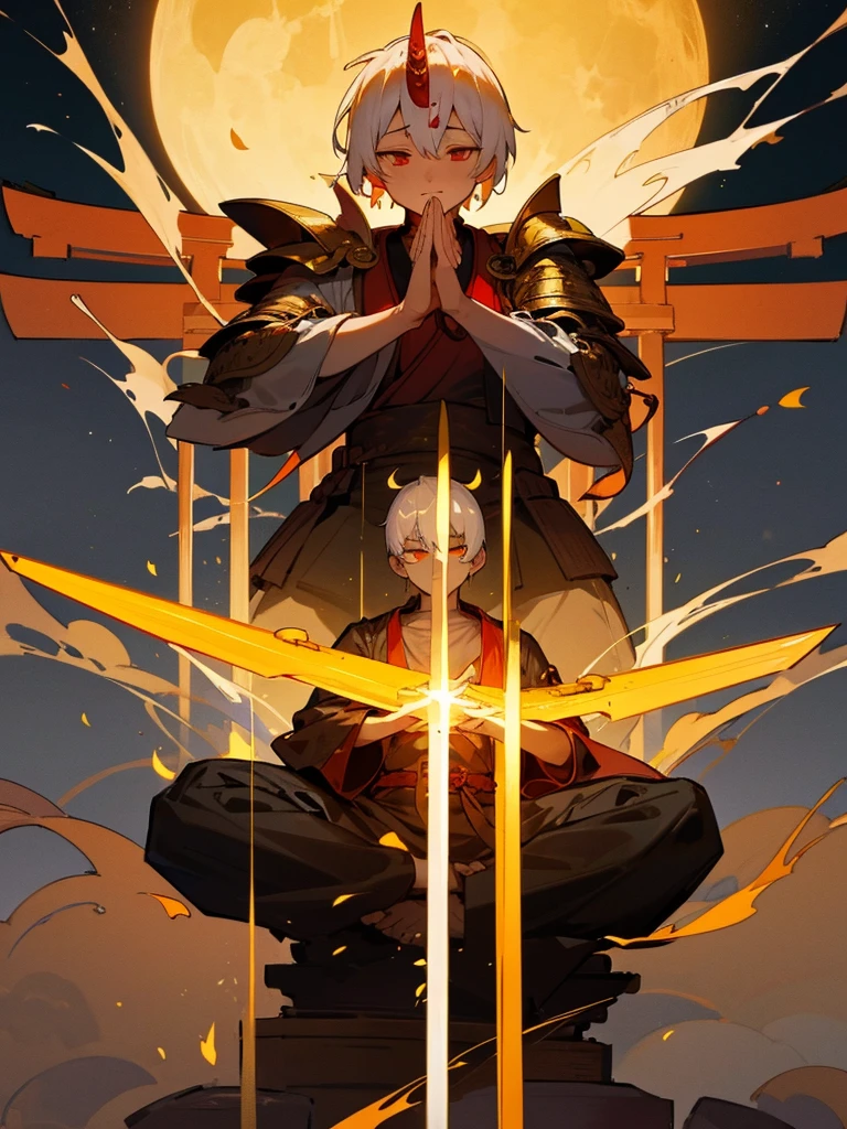 Buddha,Burning Eyes, horn, white short hair, black armor, torii, man, full moon, hands together in prayer, Zen meditation golden Japanese sword