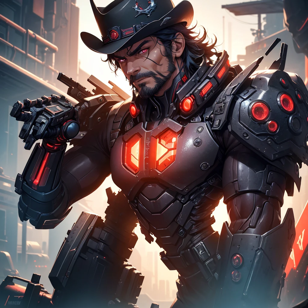a muscular cowboy man with red eyes, wearing a cowboy hat and old west clothing, with a mechanical right arm, in a futuristic setting, (best quality,4k,8k,highres,masterpiece:1.2),ultra-detailed,(realistic,photorealistic,photo-realistic:1.37),cyberpunk,cinematic lighting,dramatic pose,detailed facial features,detailed clothing,highly detailed mechanical arm,ultra detailed futuristic background,dramatic lighting,vibrant colors,dynamic composition