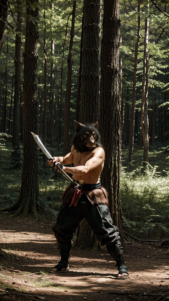 SWRLSInske, holding a katana in forest