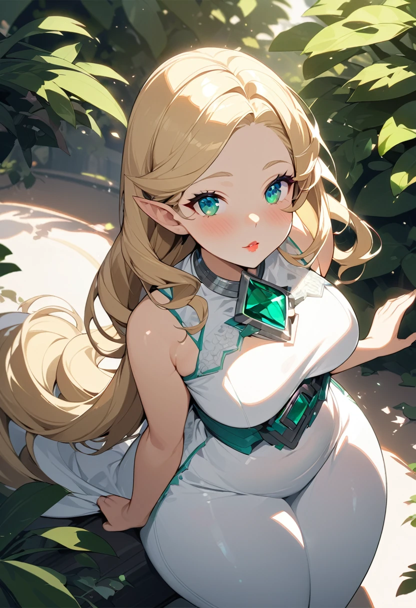 (Ultra-high quality,An unrivalled masterpiece:1.4)Best Illustration(Extreme Light and Shadow)Pixel Perfect,Ultra-fine CG 4K,(Ultra-fine, clear and lifelike emerald eyes:1.2),Gorgeous round and delicate face(plump:1.4)Elf(:1.8)(Long fluffy blonde hair: 1.4),(Bangs, Side lock:1.2)Tempting(Exquisite white dress:1.3)(Zelda)(Celestine Lucullus: 1.2)(Solitary:1.4)(1 Girl: 0.5)(For the audience:1.2)(Put your hands behind your back:1.2)(Cowboy shooting:1.2)(from above:1.1),Skin Indentation(Curvy beauty:1.4)(Curvy beauty:1.4)(Bimbo: 1.4)(Normal waist circumference: 1.2)(thick lips: 1.3)Small nose(A faint smile: 1.2)rock,Trees, plant,bushing,Color Grading