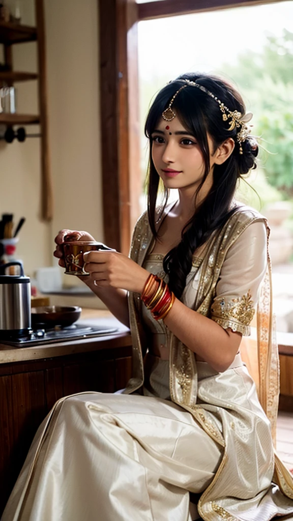 a indian bride making coffee