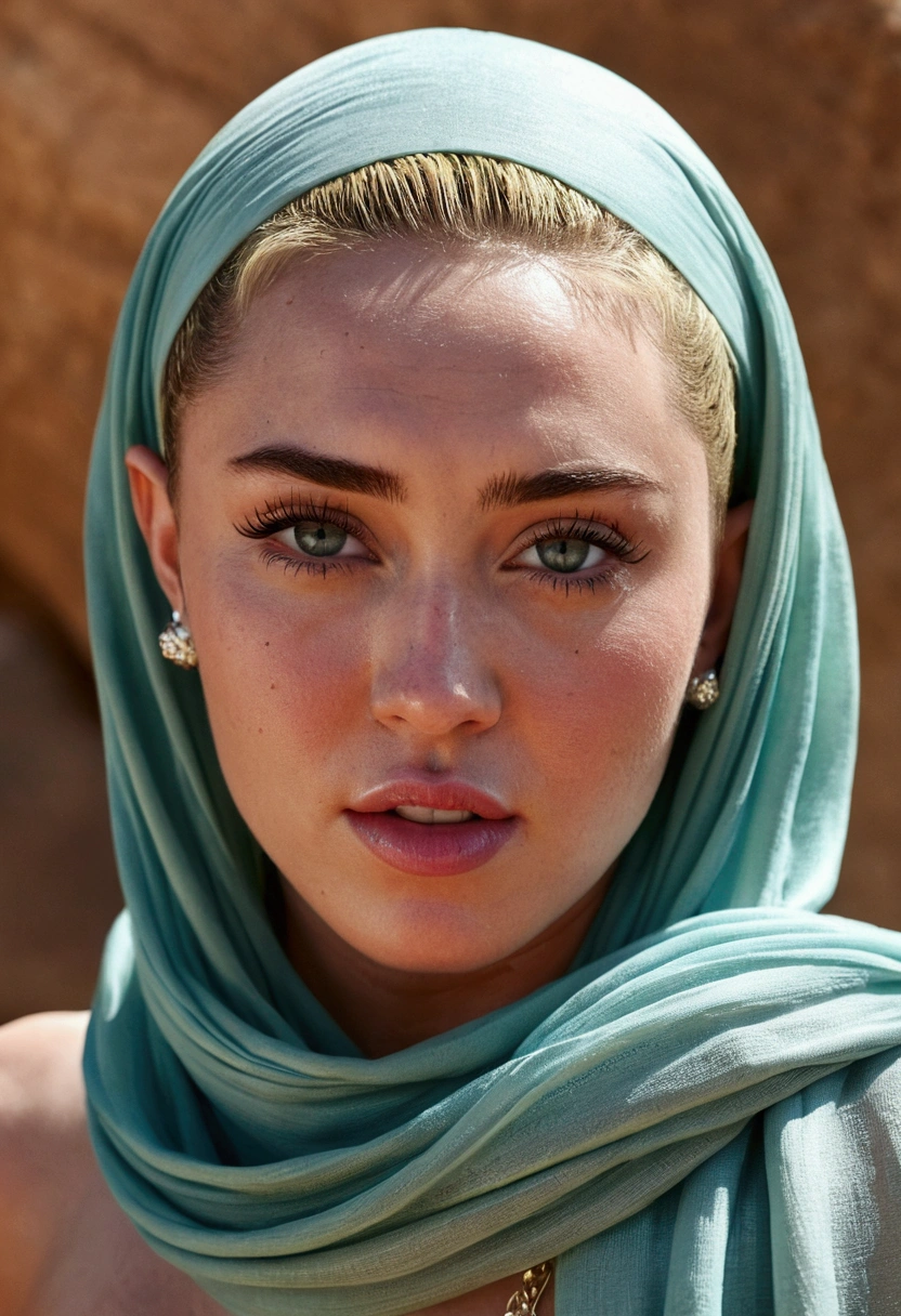 Miley Cyrus,Photo parfaite, Taille vers le haut, Busty, clivage, detailed background, Articles fantastiques, wearing scarf covering her nose, fantaisie, magie, Potions, Dispositifs, 22 ans, Actual skin texture, pores de la peau, detailed hair,femme, un corps parfait, (face detailed, detailled eyes, peau claire, yeux clairs),fantaisie, elfe, femelle, corps entier, regardant la visionneuse, photographie, detailed skin, Realstic, photo-realistic, 8k, Very detailed , High detail RAW color art, piercing, mise au point nette, Mode danseuse du Pharaon, Karnak,Le Sphynx de Gizeh, pyramide de Gizeh