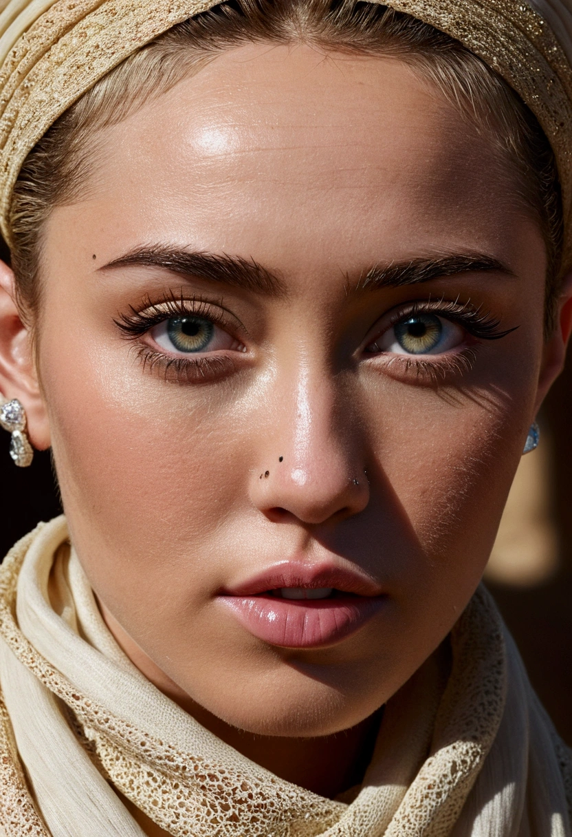 Miley Cyrus,Photo parfaite, Taille vers le haut, Busty, clivage, detailed background, Articles fantastiques, wearing scarf covering her nose, fantaisie, magie, Potions, Dispositifs, 22 ans, Actual skin texture, pores de la peau, detailed hair,femme, un corps parfait, (face detailed, detailled eyes, peau claire, yeux clairs),fantaisie, elfe, femelle, corps entier, regardant la visionneuse, photographie, detailed skin, Realstic, photo-realistic, 8k, Very detailed , High detail RAW color art, piercing, mise au point nette, Mode danseuse du Pharaon, Karnak,Le Sphynx de Gizeh, pyramide de Gizeh