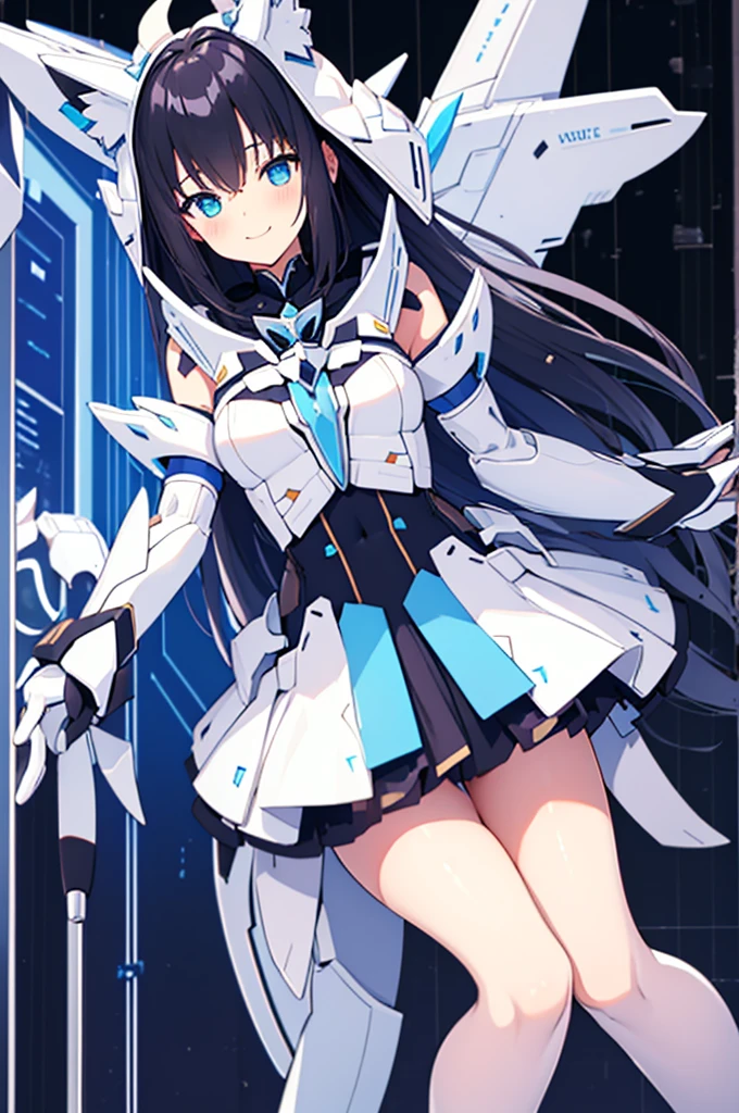 Mecha Wings、White and blue skirt、Accentuated thighs、White tights、chest、Beautiful black hair、1 girl、solo girl、Thick thighs、is、Frame Arms Girl、Alice Gere Aegis、White Armor、Blue and purple lines、income、headphone、hand on own chest、smile