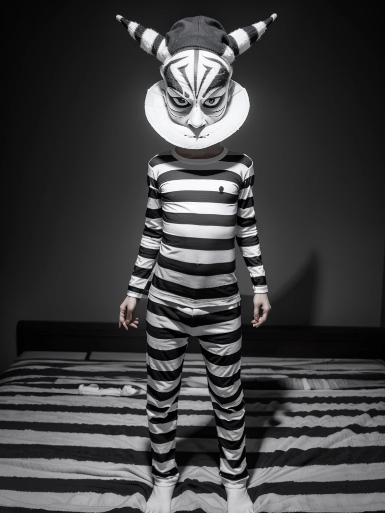 A very very tall very very thin pale demon in pajamas with black and white stripes and a black and white striped hat with very very very very wide eyes standing up showing his entire body