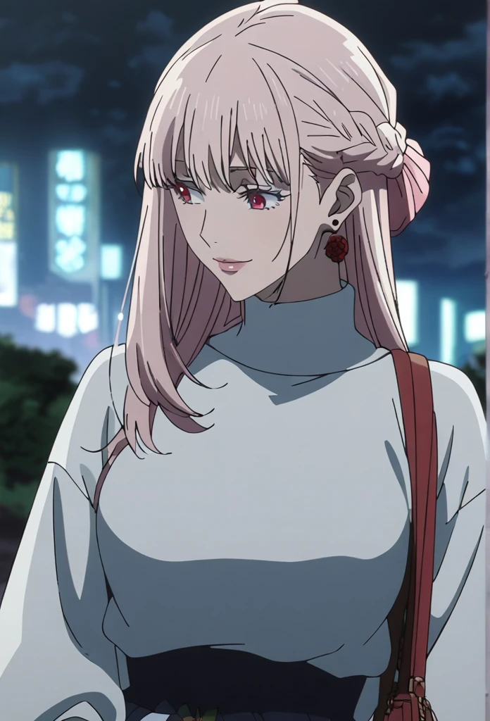 1girl, female gojo satoru, anime screencap from jujutsu kaisen, gojo satoru female version, solo, long_hair, ((red eyes)) ((White_hair, elegant hairstyle, french braid)), night view, (hanging breasts) upper_body, smile, lips, (slightly straight hair) ((wearing white sweater)) breast, "very detailed and high resolution" (red eyes) ((shoulder length straight hair)) ((solo)) (((front view))) (earings) ((high resolution)) ((good quality)) ((elegant hairstyle, french braid)) ((hand bag))