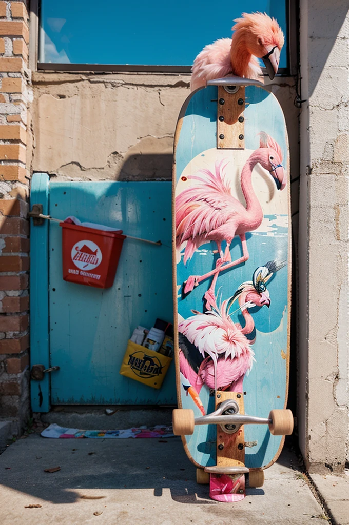 A skateboard decorated alluding to a flamingo with recyclable materials 