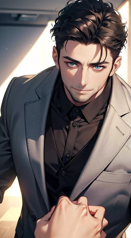 (best quality,4k,8k,highres,masterpiece:1.2),ultra-detailed,(realistic,photorealistic,photo-realistic:1.37),1 man,31 years old,mature man,very handsome,without expression,smile,short grey black hair,blue eyes,penetrating gaze,perfect face without errors,imposing posture,businessman,office background,cinematic lighting,hdr image